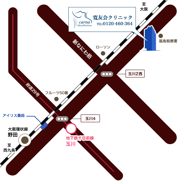玉川駅・野田駅方面からの地図